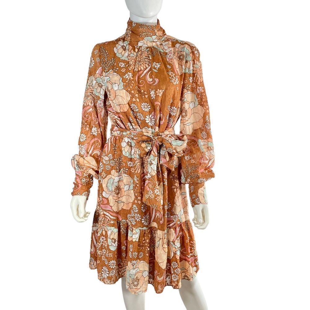 Ryegrass Long Sleeve Floral Shimmer Dress Brown Medium